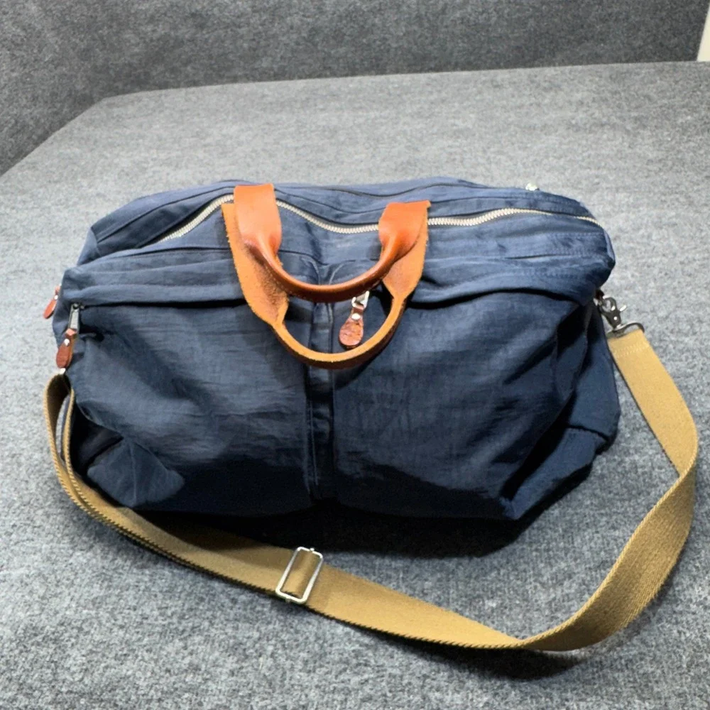 J Crew Harwick Duffle Bag Blue Brown Leather Trim Travel Weekender Overnight